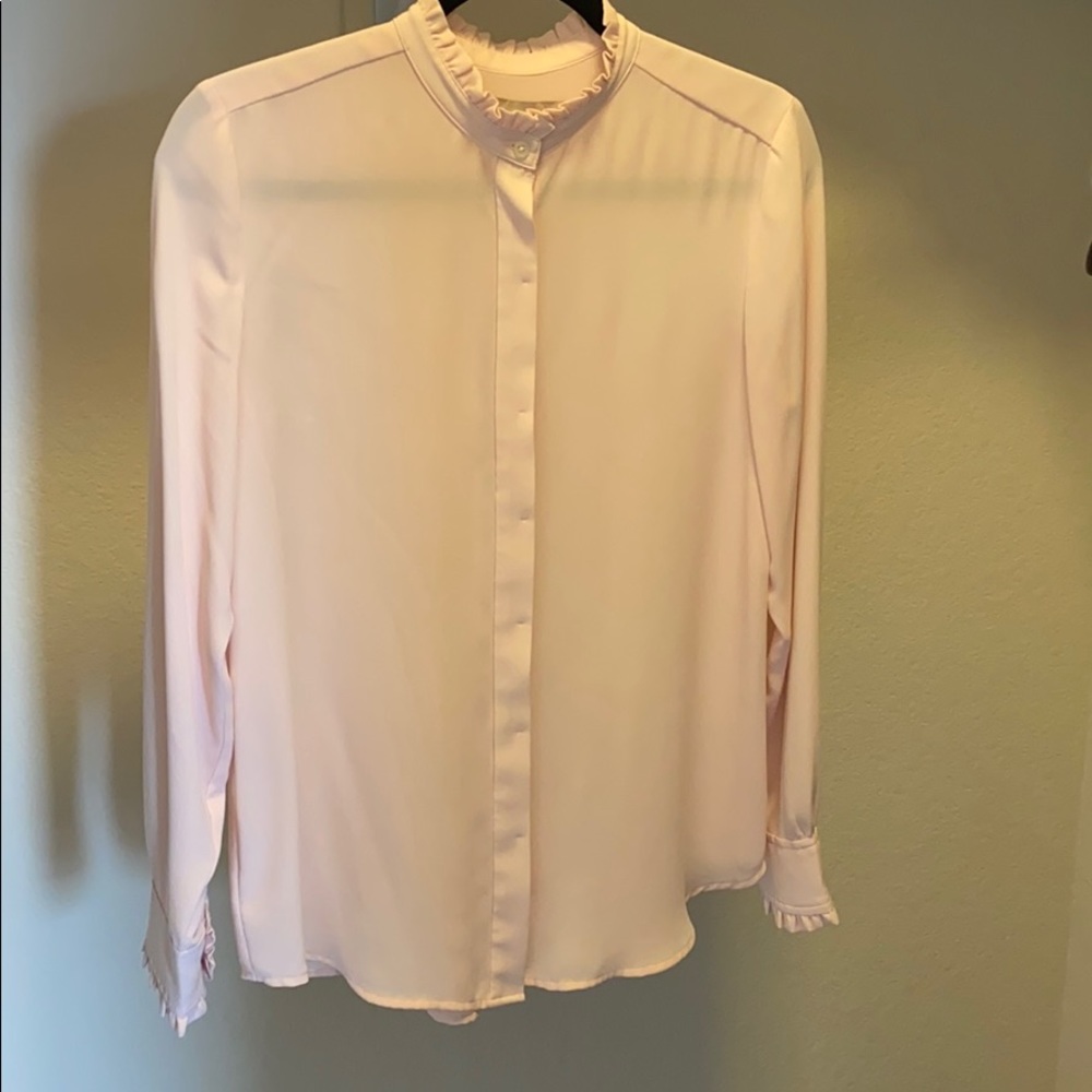 LOFT blush ruffle neck and sleeve blouse